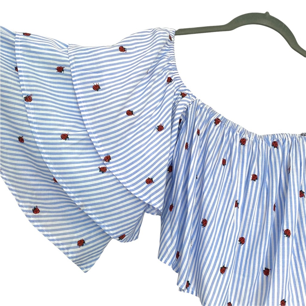 Olivaceous Crop Top BLOUSE Stripes Floral BLUE WHITE M - Picture 11 of 16
